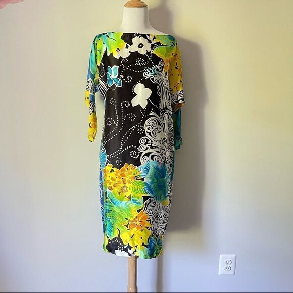 Abstract Floral Silk Cache Shift Dress - Picture 1 of 4